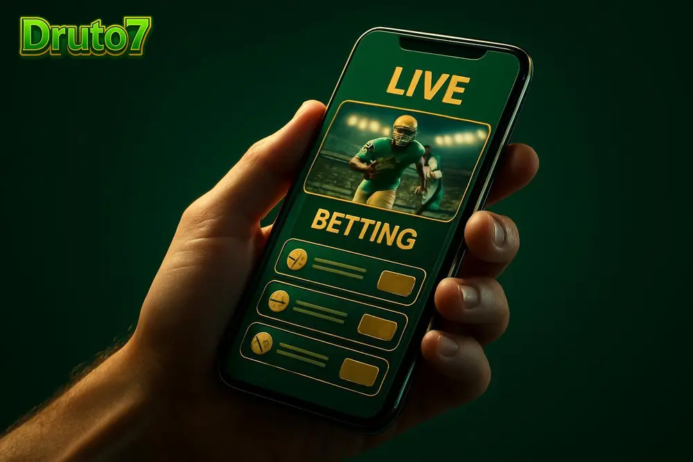 Druto7 app — a hand holding a phone with a live sports betting screen