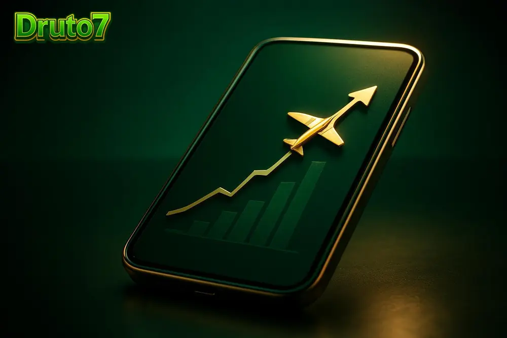 Druto7 Aviator game — a smartphone displaying a rising multiplier graph with a plane