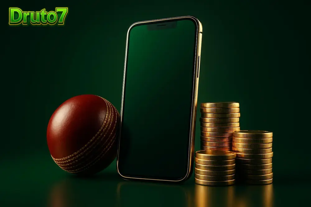 Druto7 Bangladesh — a smartphone and cricket ball beside stacks of golden coins