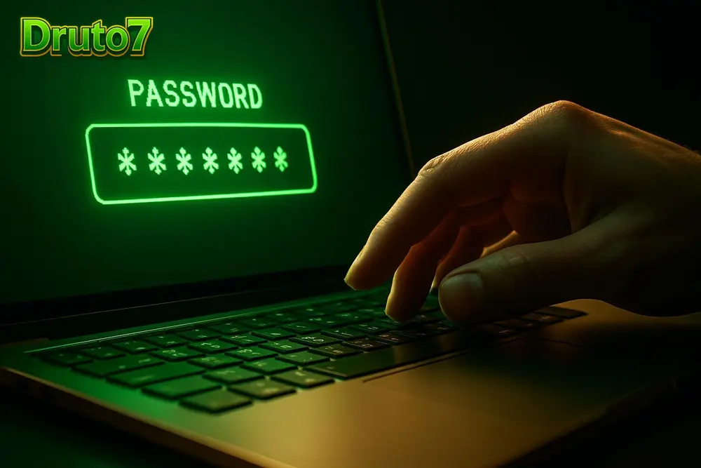 Druto7 login — a hand typing a password on a glowing green laptop screen